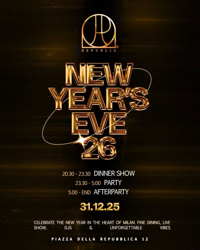 New Year’s Eve 2026 at Republic Milano with dinner show, live performances, DJs, and afterparty in the city center.