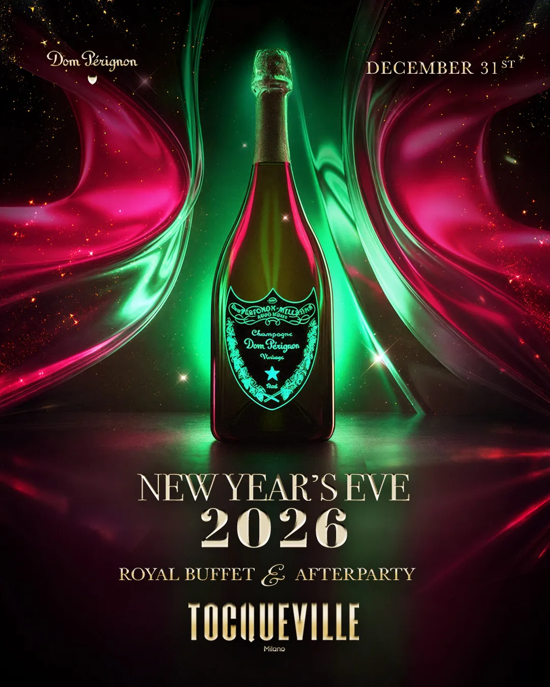New Year’s Eve 2026 party at Tocqueville 13 in Milan featuring Dom Pérignon, royal buffet, and afterparty atmosphere.