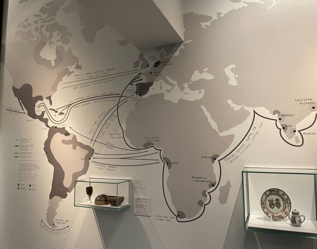 Map on the wall at Mudec showing major maritime trade routes between the 16th and 17th centuries