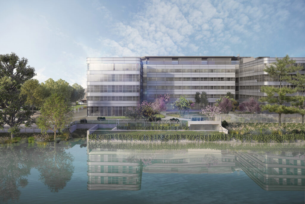 Rendering of the upcoming DoubleTree by Hilton Milan Linate Airport, designed by Studio Tectoo, overlooking Idroscalo Lake.