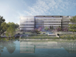 Rendering of the upcoming DoubleTree by Hilton Milan Linate Airport, designed by Studio Tectoo, overlooking Idroscalo Lake.