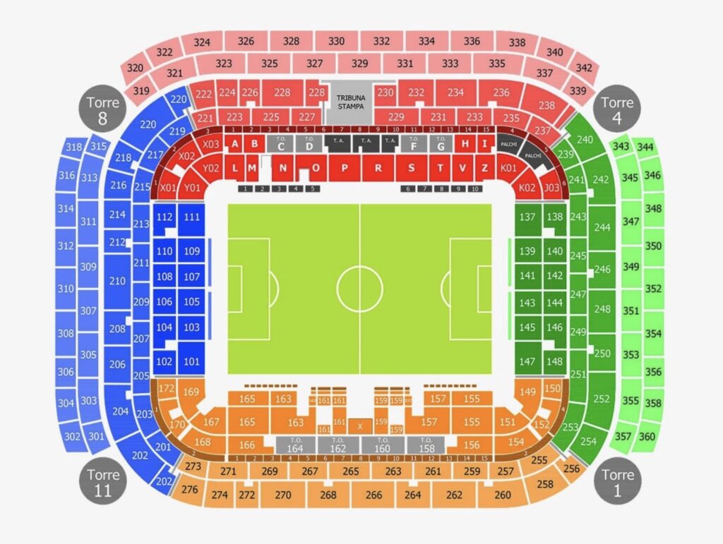 Stadio San Siro seating map for the Bruno Mars Milan 2026 concert, with detailed sections, stands and floor areas for The Romantic Tour on July 14, 2026.