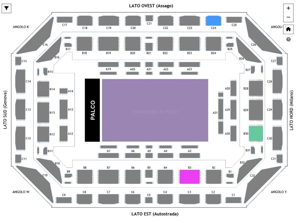 Unipol Forum (Assago) seating map for 5 Seconds of Summer, showing the stage on the left, a large standing floor (Parterre in Piedi) area in the center, and numbered seating sections around the arena with a few highlighted blocks.
