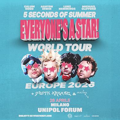 Unipol Forum (Assago) seating map for 5 Seconds of Summer, showing the stage on the left, a large standing floor (Parterre in Piedi) area in the center, and numbered seating sections around the arena with a few highlighted blocks.