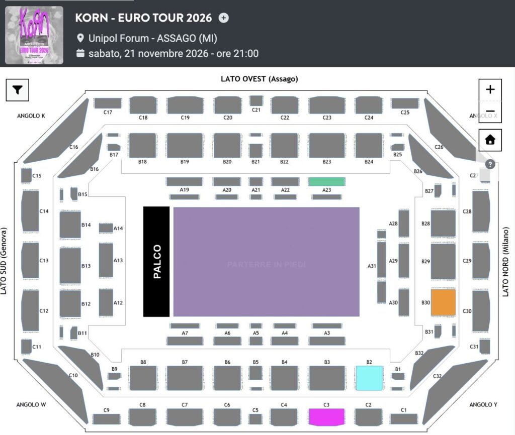 Seating map for Korn at Unipol Forum in Assago, Milan, on November 21, 2026, showing the stage, standing parterre, and numbered seating sections around the arena.