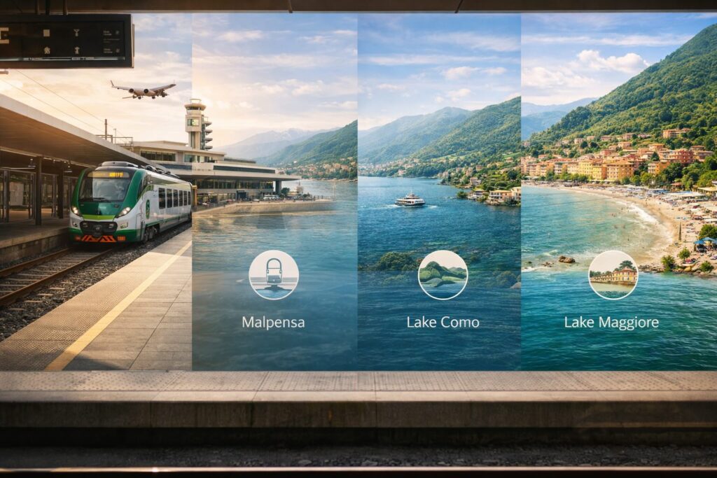 Trenord Expands Weekend Trains to Malpensa, the Lakes, and the Ligurian Coast  - Horizontal editorial-style image showing a train platform in Milan with visual references to Malpensa Airport, Lake Como, Lake Maggiore, and the Ligurian seaside, representing weekend travel connections from the city.