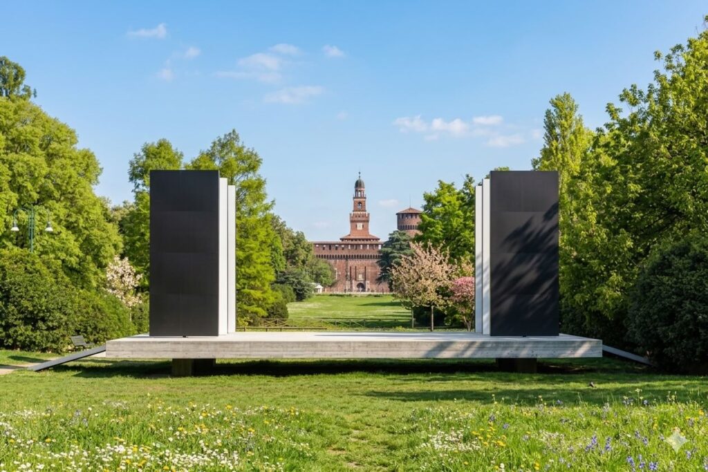 Teatro Continuo by Alberto Burri in Parco Sempione, Milan — a minimalist concrete stage with two tall black panels framing a view of Castello Sforzesco in the background, surrounded by spring greenery and wildflowers. AI-generated illustration based on the original artwork.
