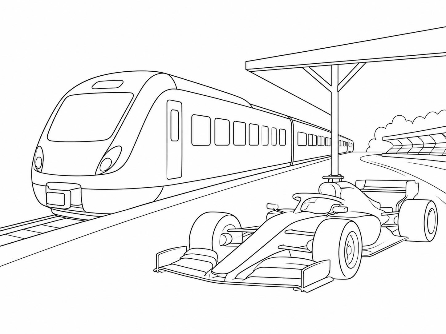 Train and a Formula 1 car next to the track, illustrating how to reach the Monza circuit by train