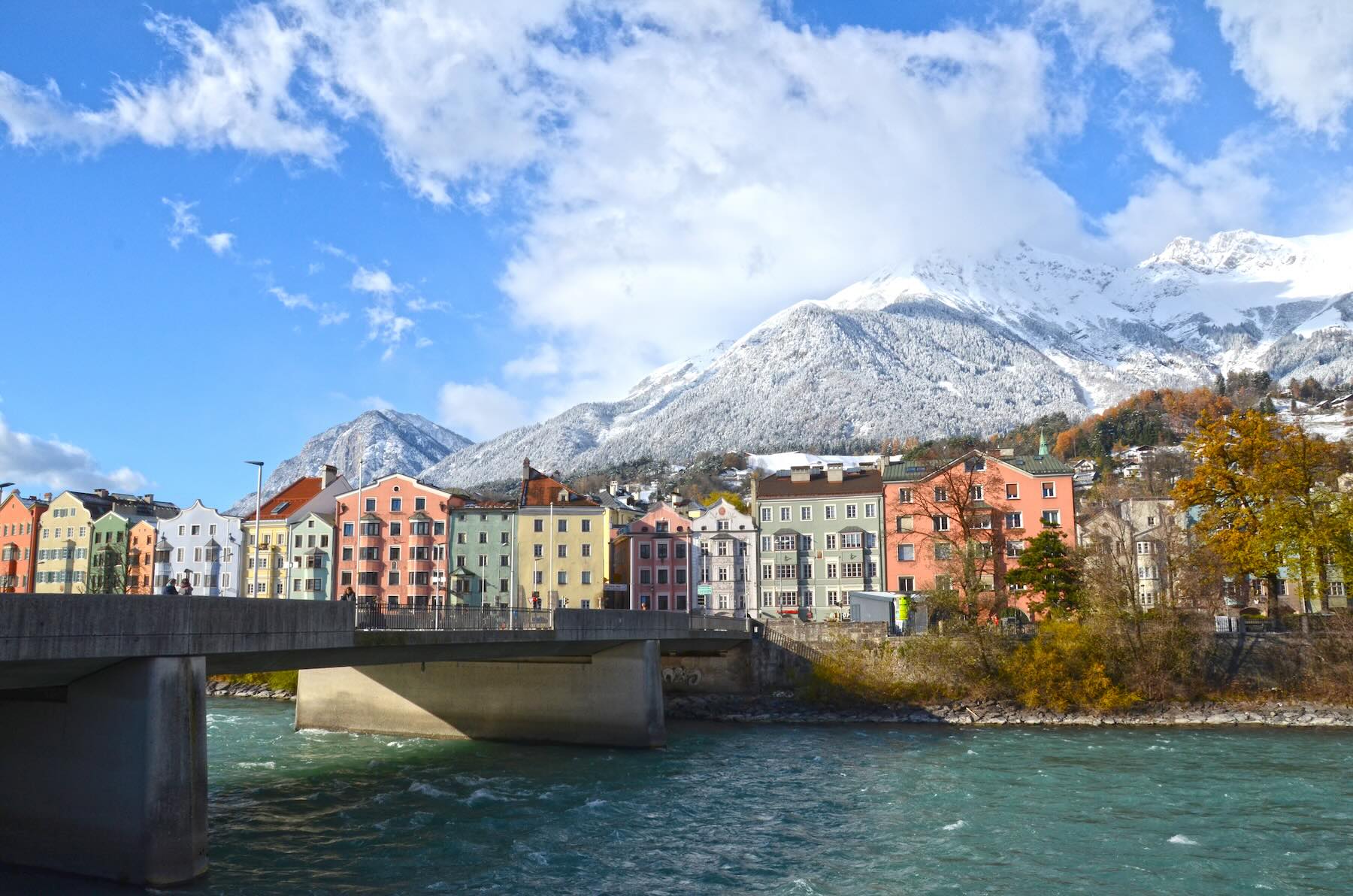 Colourful houses on the bank of the Inn river in Innsbruck, Austria, a stop on the new Frecciarossa route from Milan to Munich