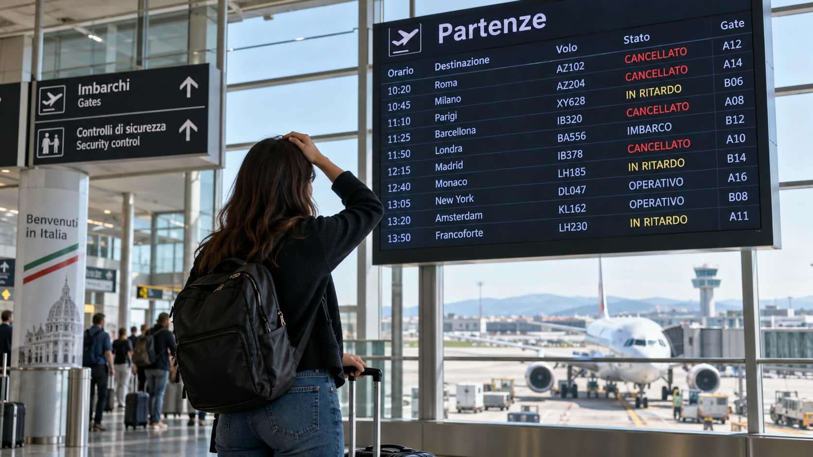 Traveler checking a departures board with cancelled and delayed flights at an Italian airport
