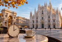 Italy Time Change on October 25, 2026: The Time Difference from Milan to the US and UK Vintage clock showing 2:00 next to an espresso on a café table in Piazza del Duomo, Milan, in autumn