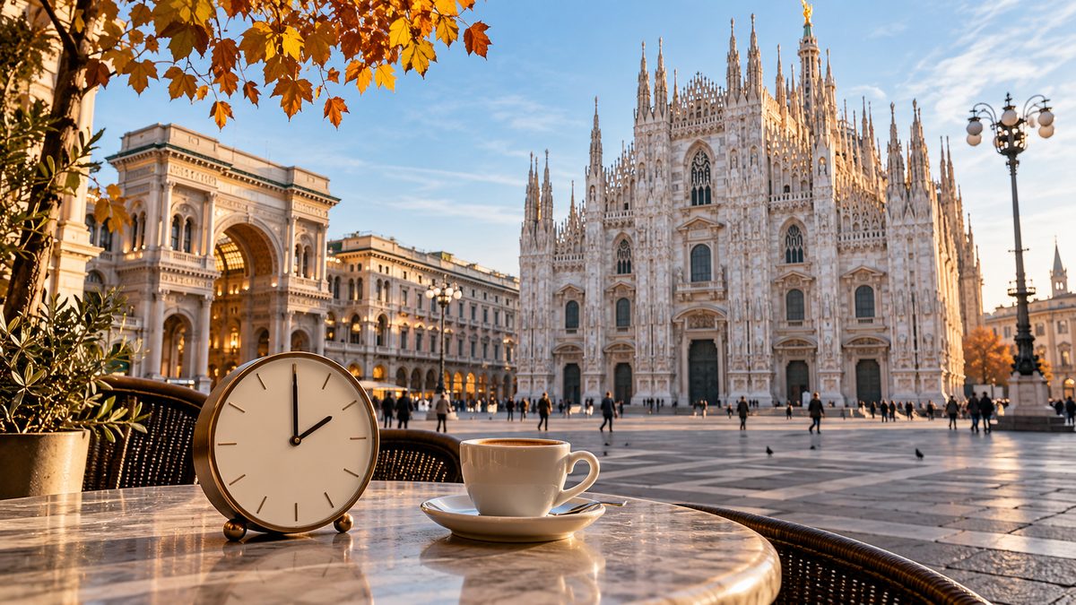 Vintage clock showing 2:00 next to an espresso on a café table in Piazza del Duomo, Milan, in autumn